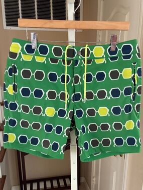 NWOT MR TURK Swim Trunks Abstract Sunglasses Green Yellow Retro Lined Sz 32